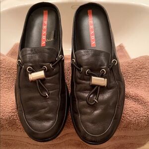 Prada Women Saffiano Size 37 Black Leather Slip-On Mule Excellent preloved Logo